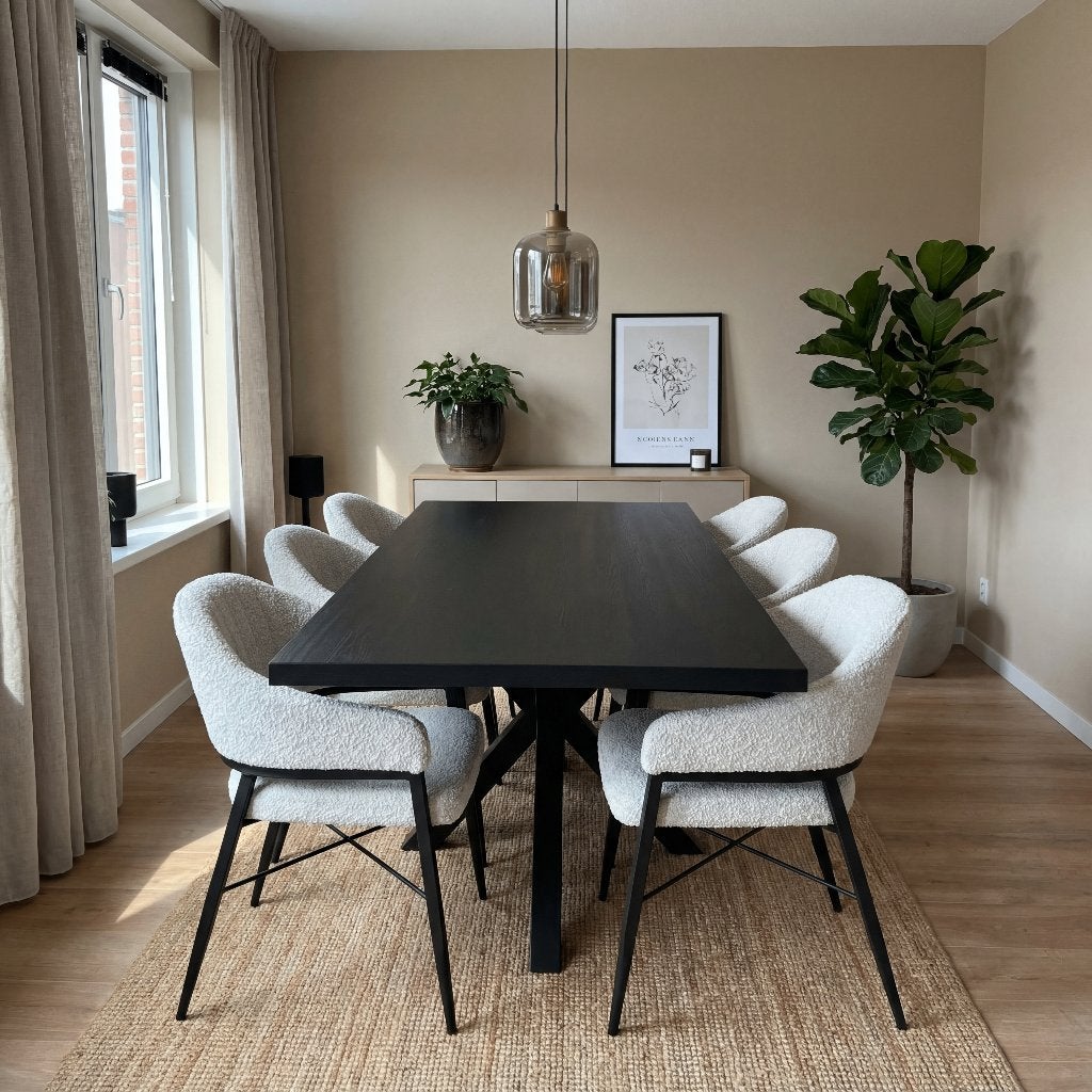Zwarte eettafel 190x90 cm met 6 bouclé eetkamerstoelen, Huis en Inrichting, Tafels | Eettafels, Ophalen, Kunststof, 50 tot 100 cm