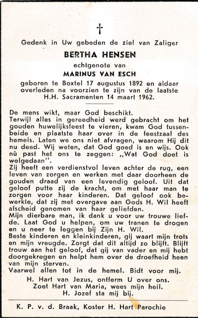 Hensen Bertha 1892 Boxtel 1962, Ophalen of Verzenden, Bidprentje