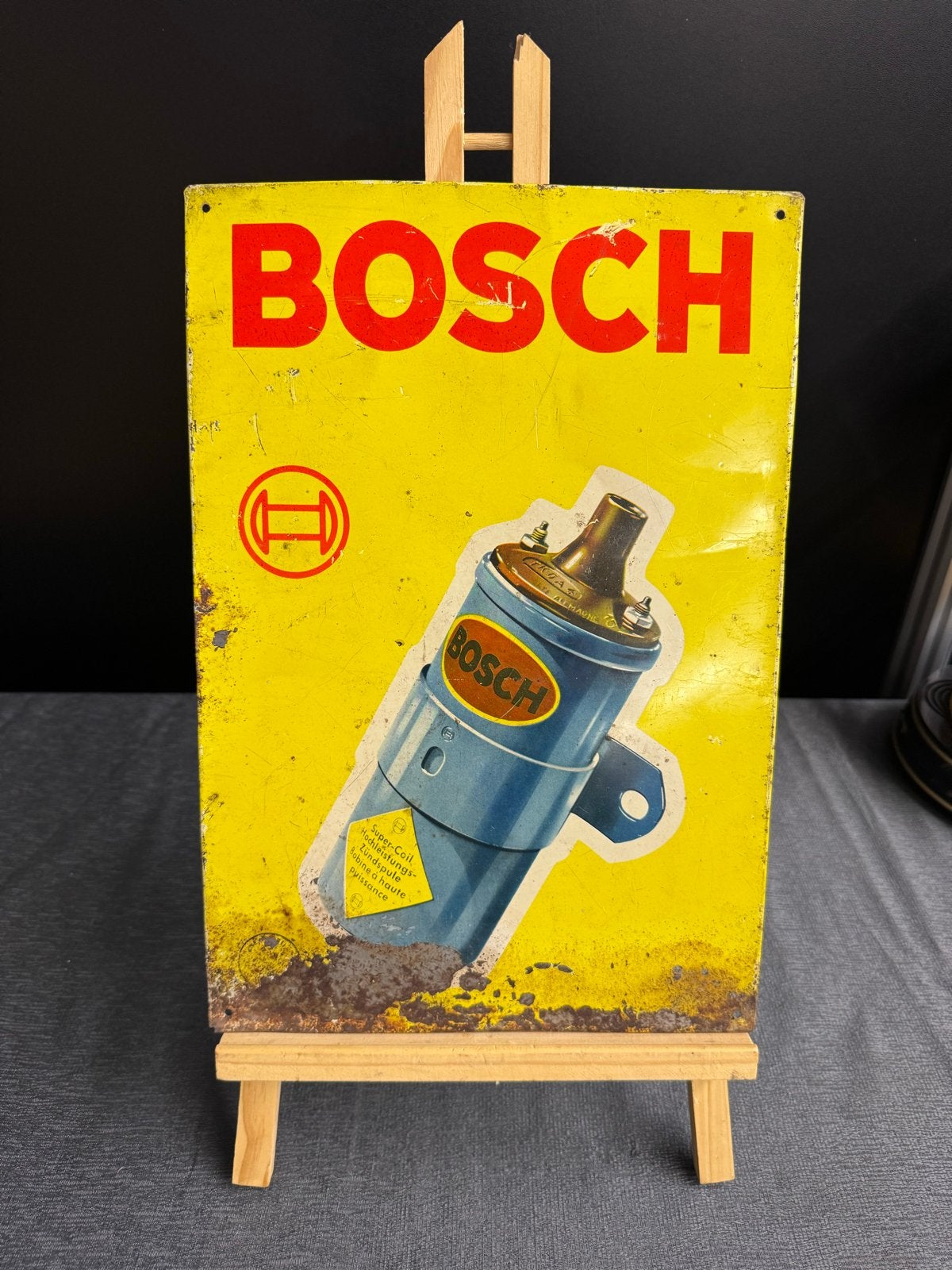 Vintage Bosch Reclamebord - Super Coil Zündspule, Reclamebord, Gebruikt, ., Ophalen of Verzenden