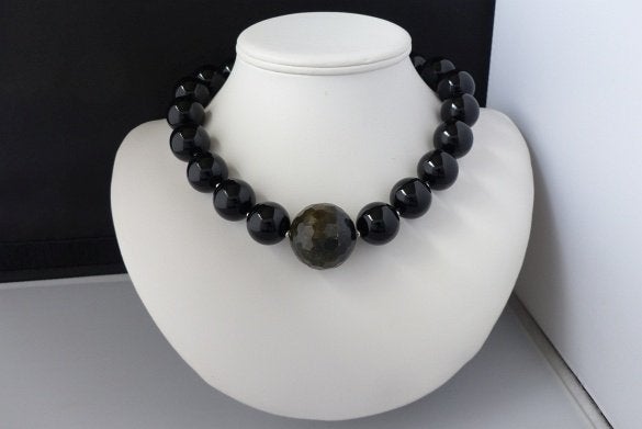 ONYX-L-ABRADORIET ketting/oorhanger/armband-set, Zwart, Nieuw, Ophalen of Verzenden, Steen of Mineraal