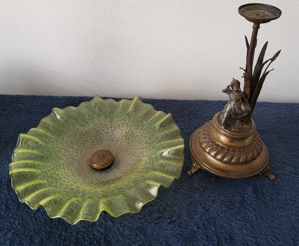 groene glazen schaal op koperen voet vintage/retro, Verzenden