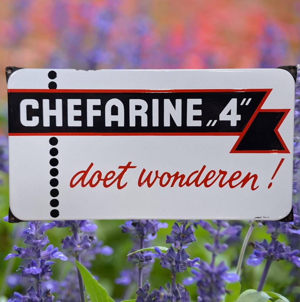 Top emaille bord van Chefarine 4, Langcat Bussum., Verzamelen, Merken en Reclamevoorwerpen, Reclamebord, Gebruikt, ., Ophalen of Verzenden