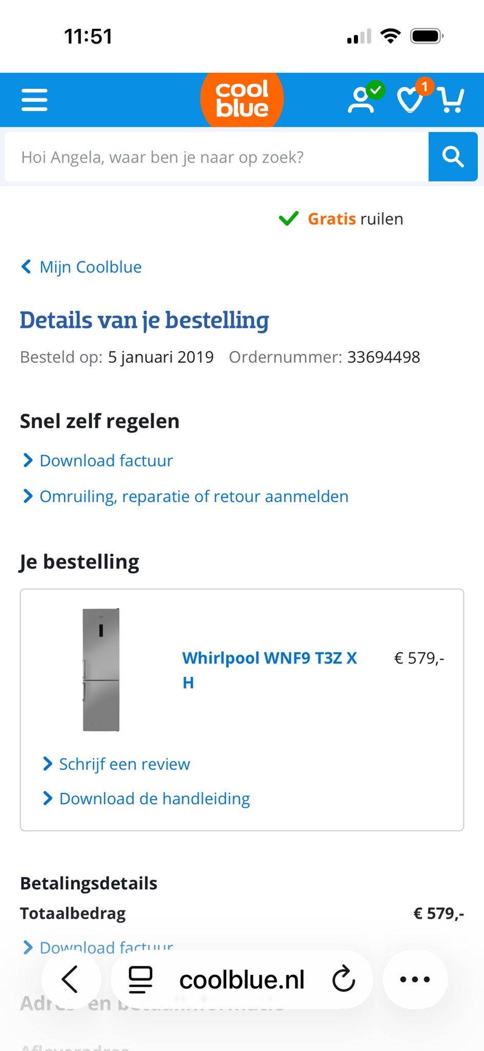 Whirlpool WNF9 T3Z X H Koelvriescombinatie, Ophalen, Gebruikt, 200 liter of meer, Met aparte vriezer