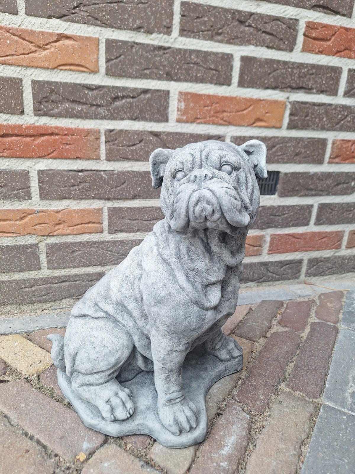 Betonnen Engelse Bulldog Beeld - Zittend, 38 cm Hoog, Tuin en Terras, Tuinbeelden, Nieuw, Dierenbeeld, Beton, Ophalen