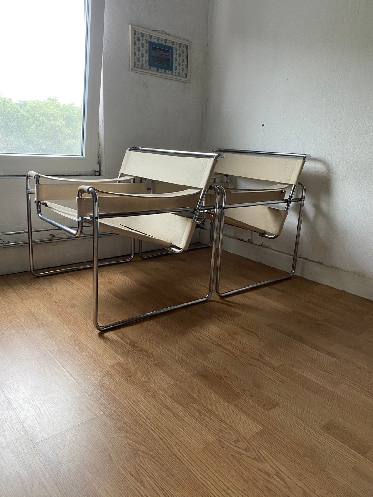 2x wit canvas Gavina Wassily Chair Marcel Breuer stoel, Ophalen, Gebruikt, Stof, Bauwhaus design