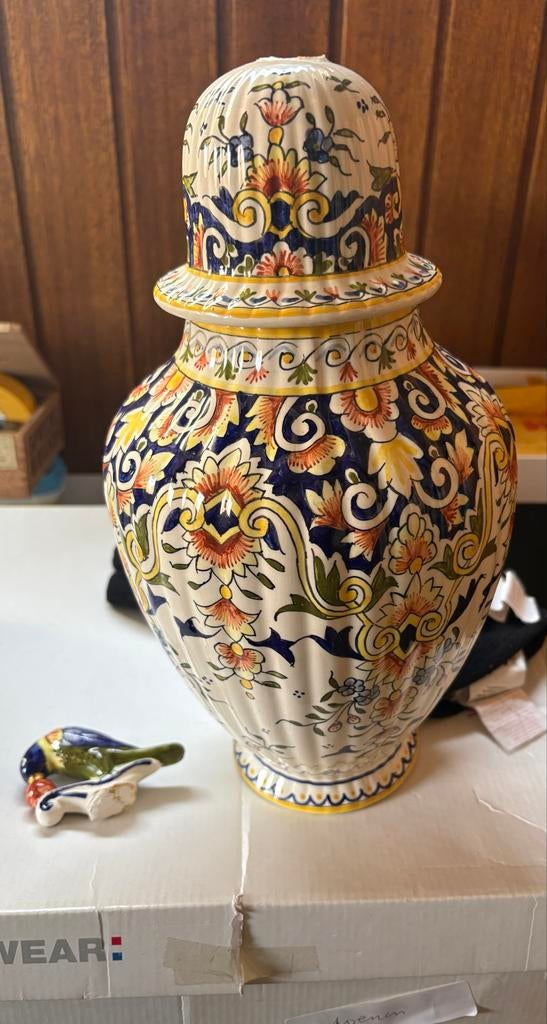 Polychrome dekselvaas Desvres Rouen-stijl, bloemendecor, Ophalen