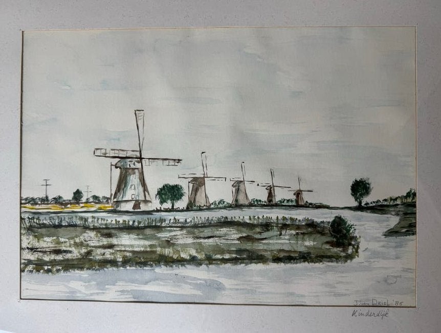 Schilderij Kinderdijk door J. van Driel, 1985, Gedateerd, Realistisch, Ophalen of Verzenden, Landschap