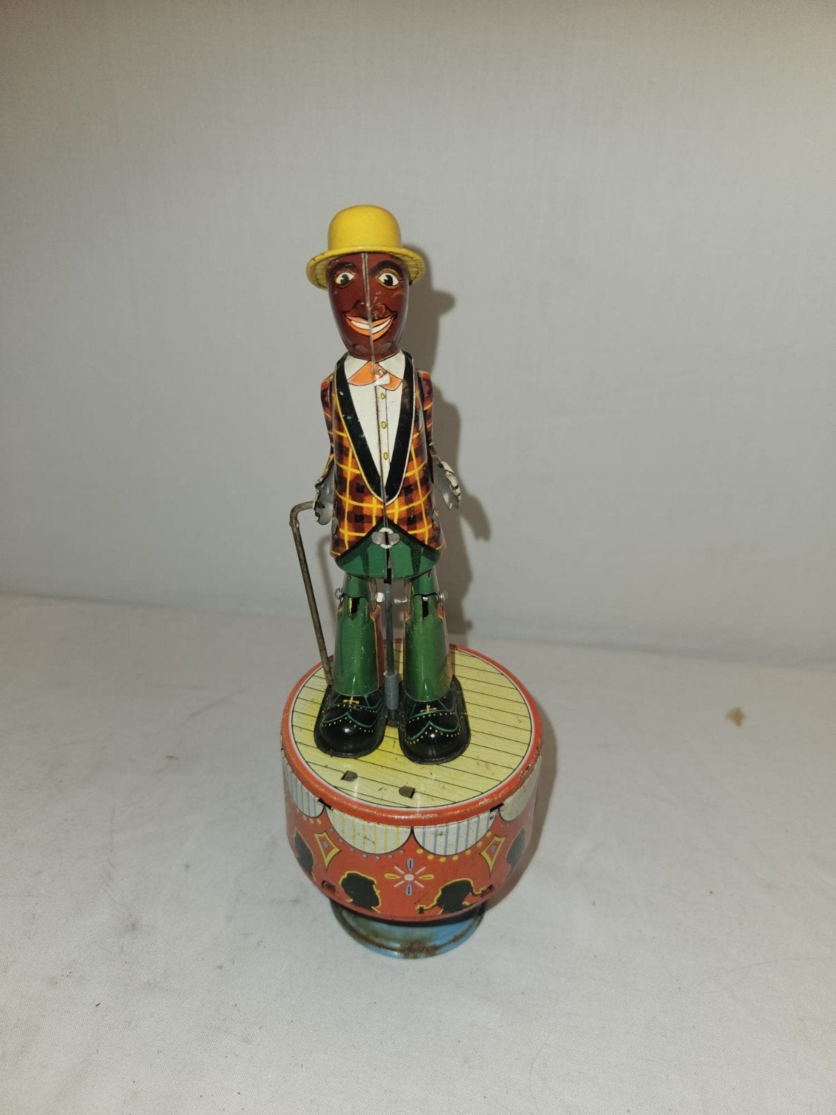 Vintage Blikken Speelgoed: Dansende Man op Trommel, Antiek en Kunst, Ophalen of Verzenden