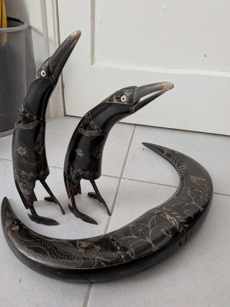 Mid Century buffelhoorn set - Halve maan en twee vogels, Ophalen of Verzenden