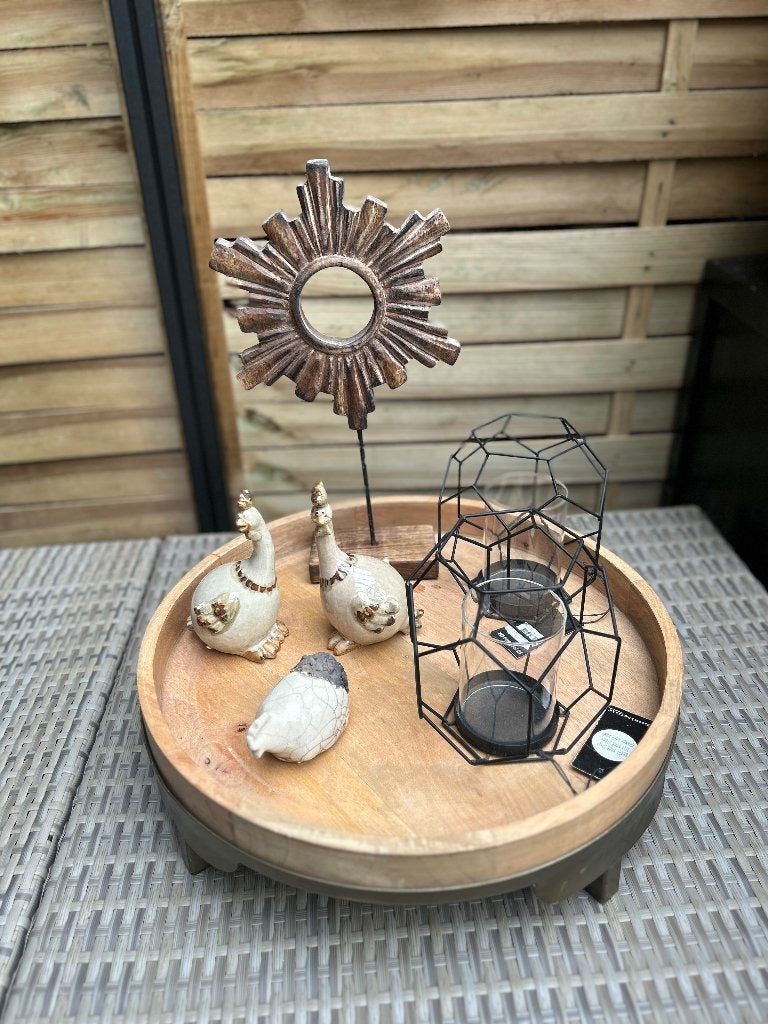 Decoratieve set: dienblad, kippen, windlichten en hout deco, Ophalen of Verzenden, Gebruikt