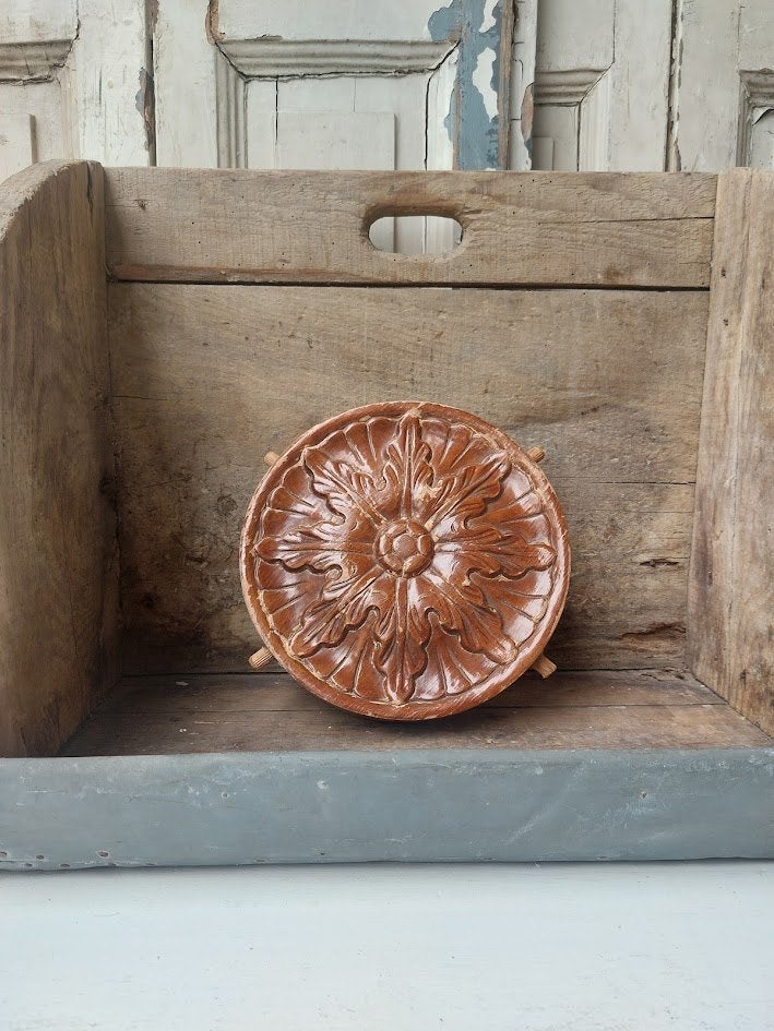 Prachtig Antiek Handgesneden Houten Ornament – Ronde Rozet, Ophalen of Verzenden