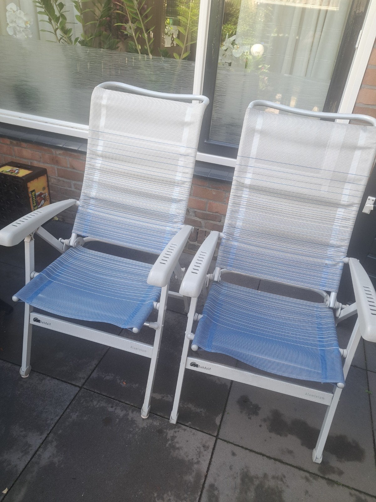 Twee tuinstoelen dukdalf goed merk, Ophalen, Zo goed als nieuw, Kunststof, Inklapbaar