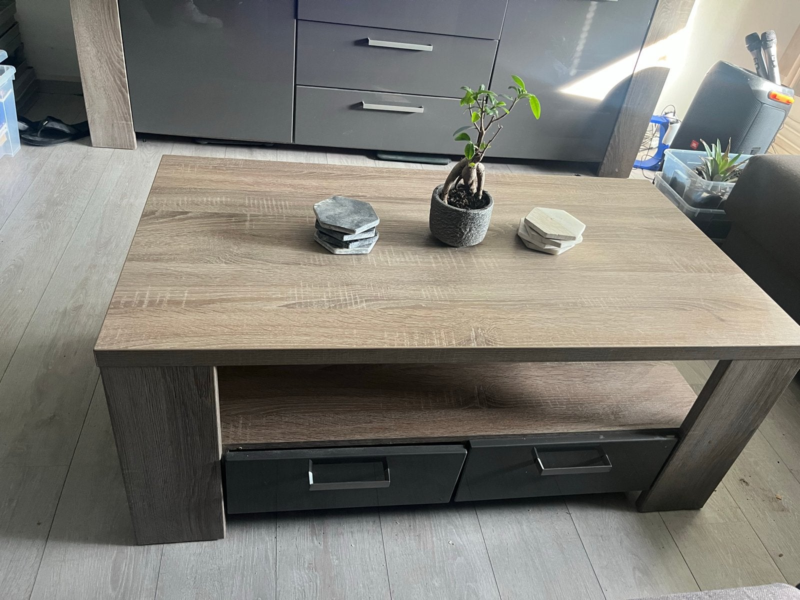 Salontafel hoogglans grijs met houtstructuur, Huis en Inrichting, Tafels | Salontafels, Ophalen, 100 tot 150 cm, 50 tot 100 cm