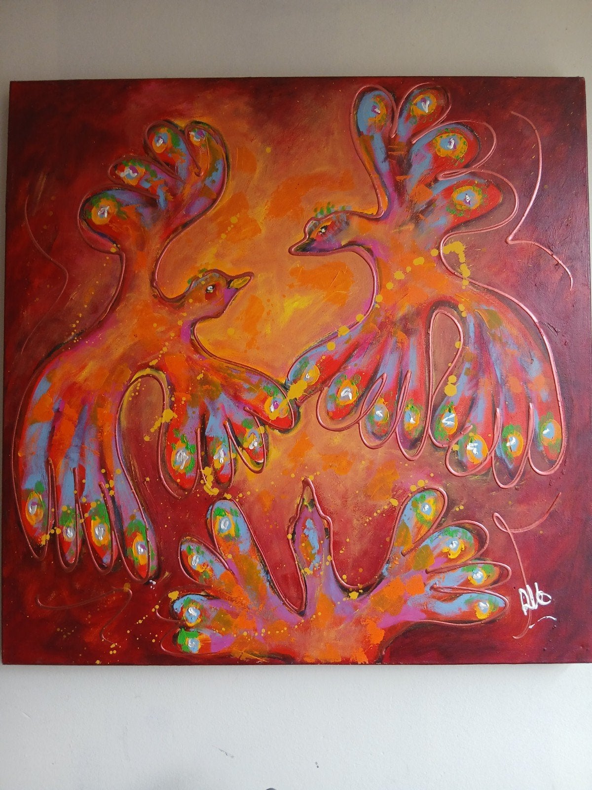 Drie Pauwen – Origineel handgeschilderd kunstwerk, Antiek en Kunst, Kunst | Schilderijen | Klassiek, Ophalen of Verzenden, Origineel werk