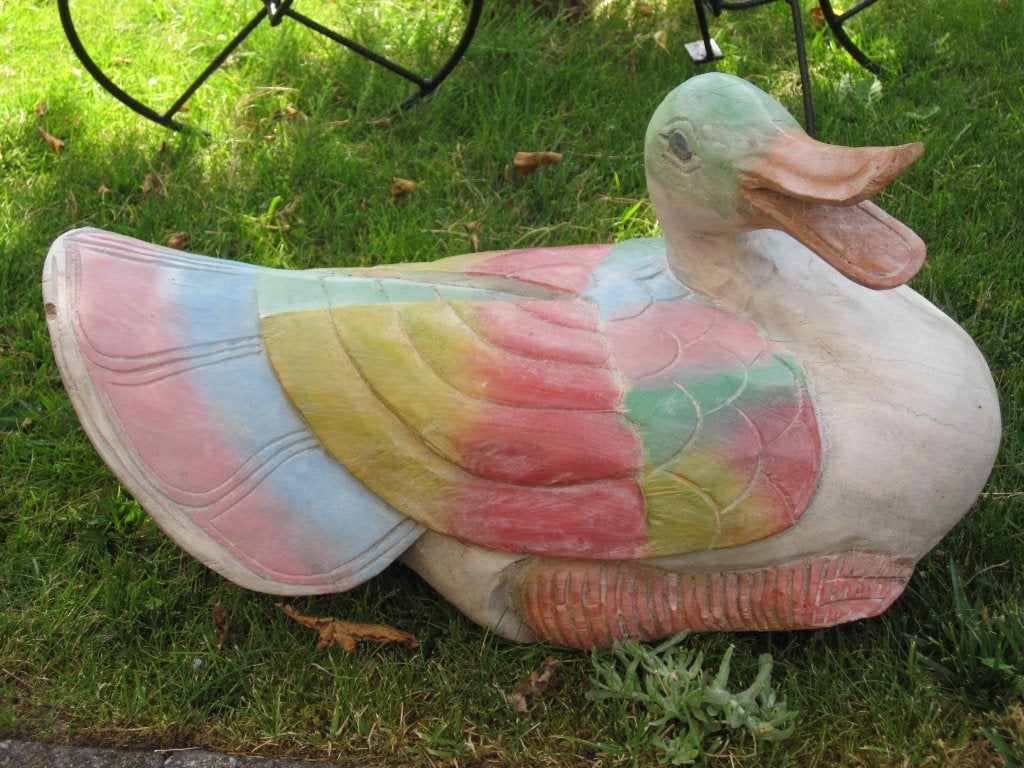 Zware Houten liggende eend, Tuin en Terras, Tuinbeelden, Ophalen, Gebruikt, Hout, Dierenbeeld