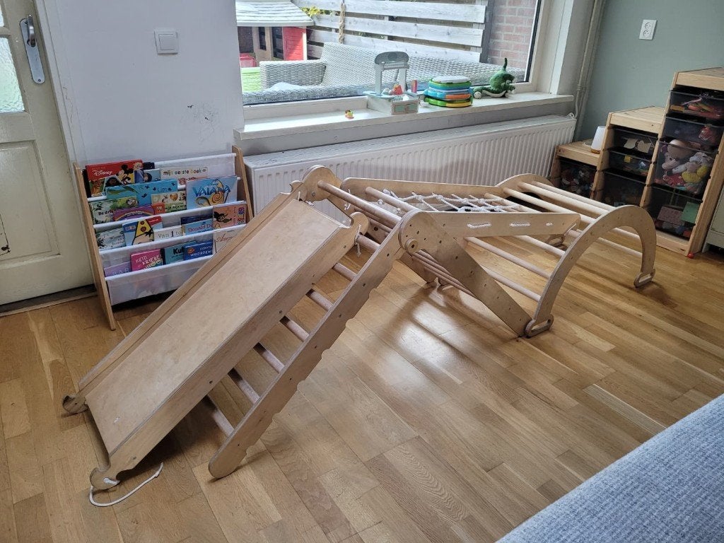 5-in-1 Montessori Houten Klimrek Set Glijbaan Klimnet, Ophalen, Gebruikt, Rij- of Hobbelspeelgoed