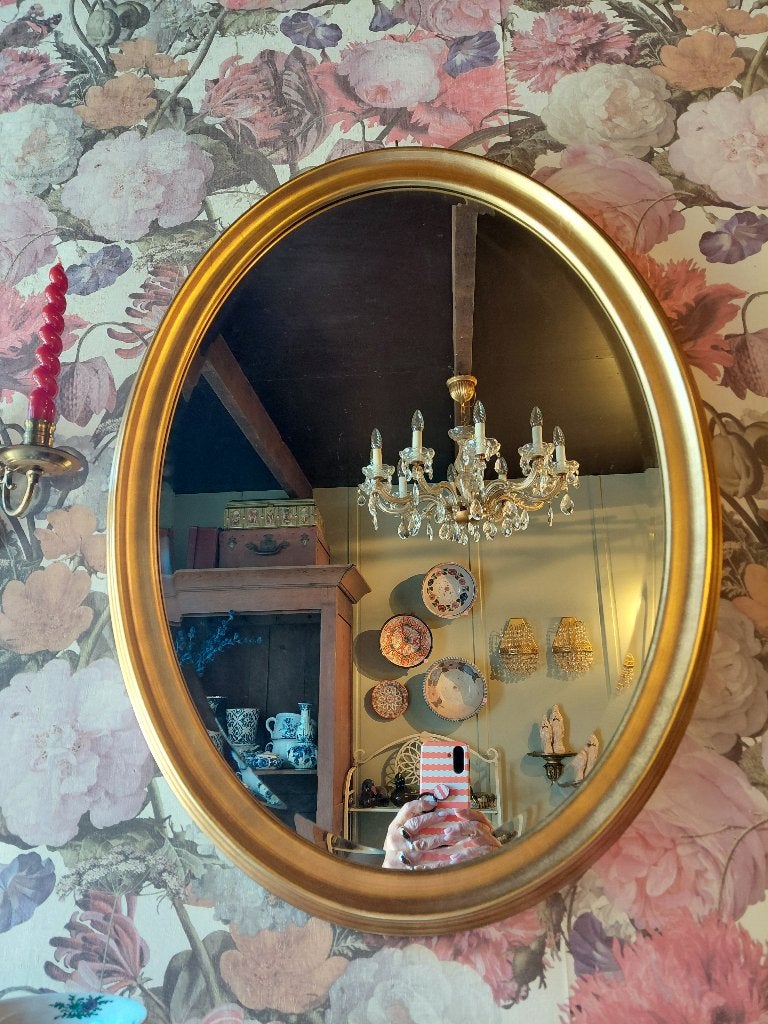 Grote goudkleur spiegel, Ophalen of Verzenden, Zo goed als nieuw, Minder dan 100 cm, Ovaal