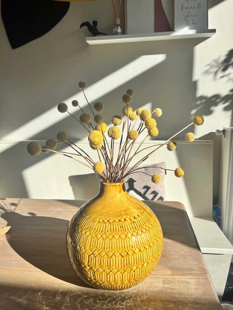 Nieuwe Leen Bakker vaas met gedroogde bloemen, Huis en Inrichting, Woonaccessoires | Vazen, Geel, Aardewerk of Porselein, Nieuw