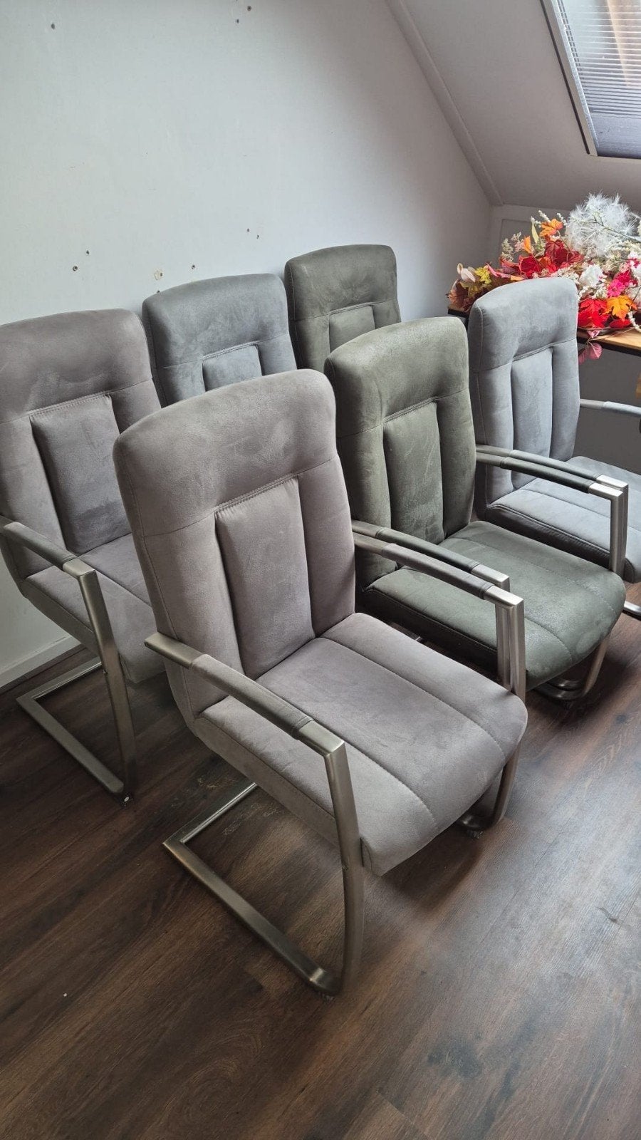 Set van 6 Henders & Hazel eetkamerstoelen - Grijs en Groen, Huis en Inrichting, Stoelen, Gebruikt, Ophalen of Verzenden, Stof