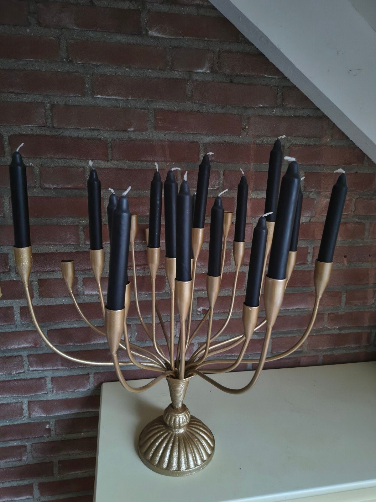 Goudkleurige Kandelaar voor 20 Kaarsen - Blikvanger, Ophalen, Gebruikt, Metaal, Kandelaar
