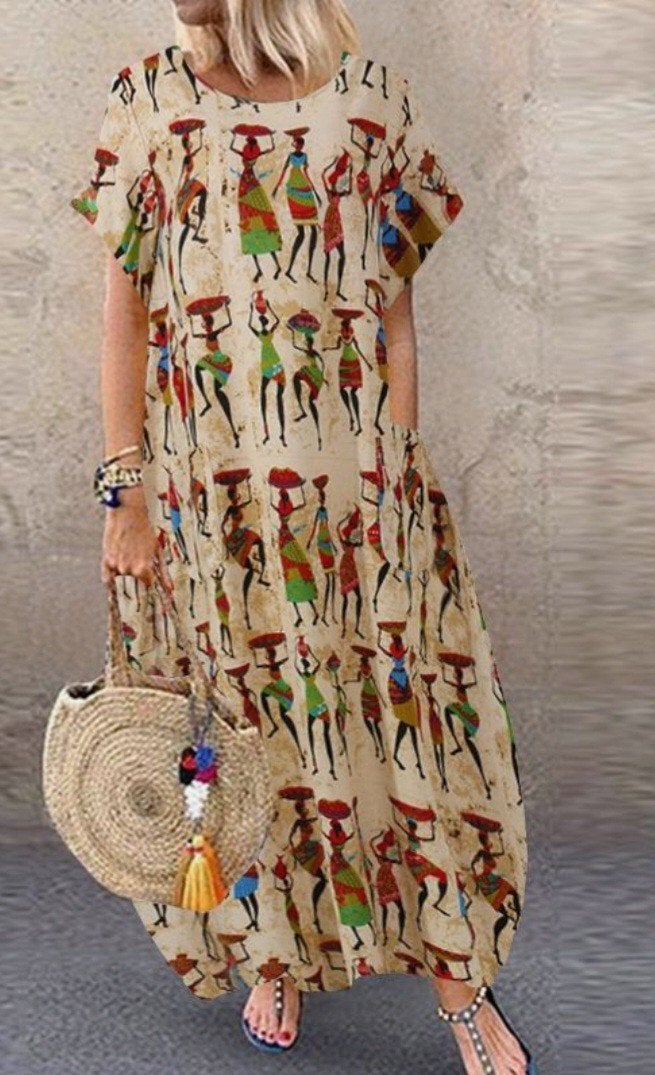 Zomerse maxi-jurk met Afrikaanse print. Katoen., Kleding | Dames, Beige, Maat 46/48 (XL) of groter, Nieuw, Ophalen of Verzenden