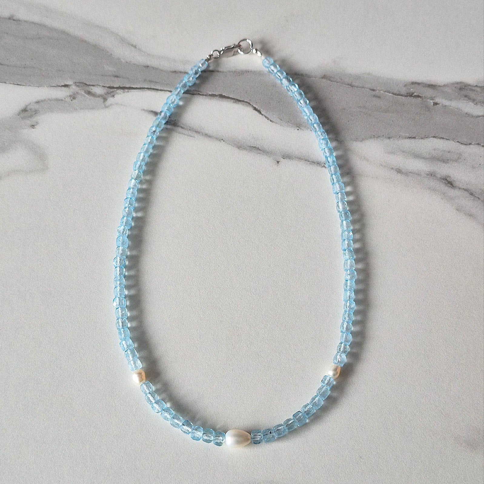 Topaas met Zoetwaterparels ketting S925 zilver, Nieuw, Met edelsteen, Zilver, Verzenden