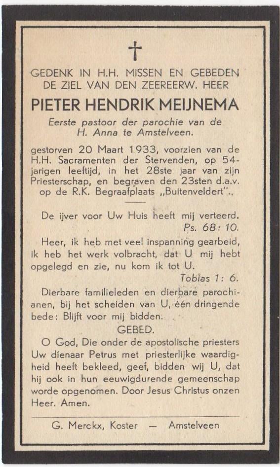 pastoor Pieter H. Meijnema 1880 Amsterdam + 1933 Amstelveen, Verzenden