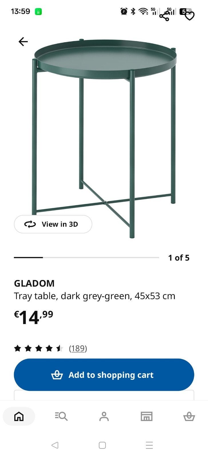 IKEA GLADOM bijzettafel, donkergrijs-groen, 45x53 cm, Minder dan 55 cm, Gebruikt, Modern, Scandinavisch, Metaal of Aluminium