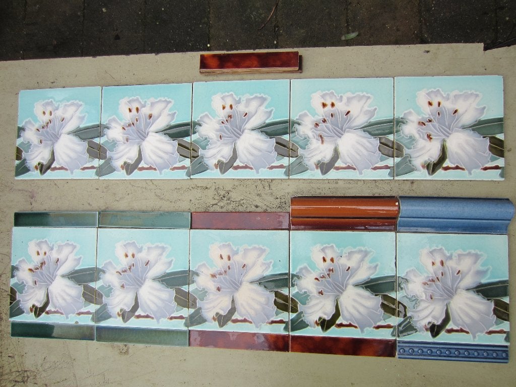 10 prachtige jugendstil wandtegels met hibiscus turquoise, Ophalen