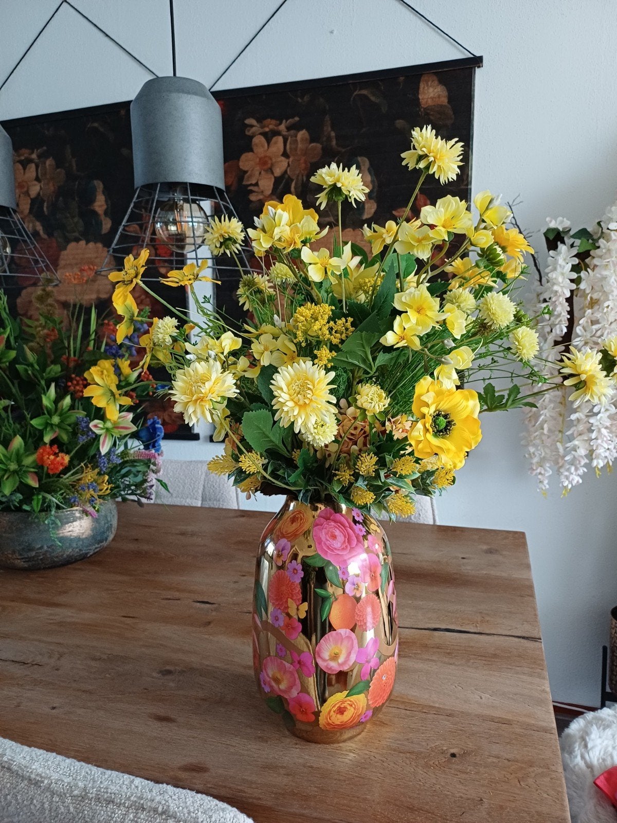 Zijden Boeket in Decoratieve Vaas - Realistische Bloemen, Ophalen of Verzenden, Nieuw