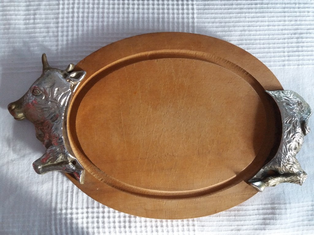 Vintage, toffe snijplank met stier versiering in metaal, Overige materialen, Gebruikt, Overige typen, Ophalen of Verzenden