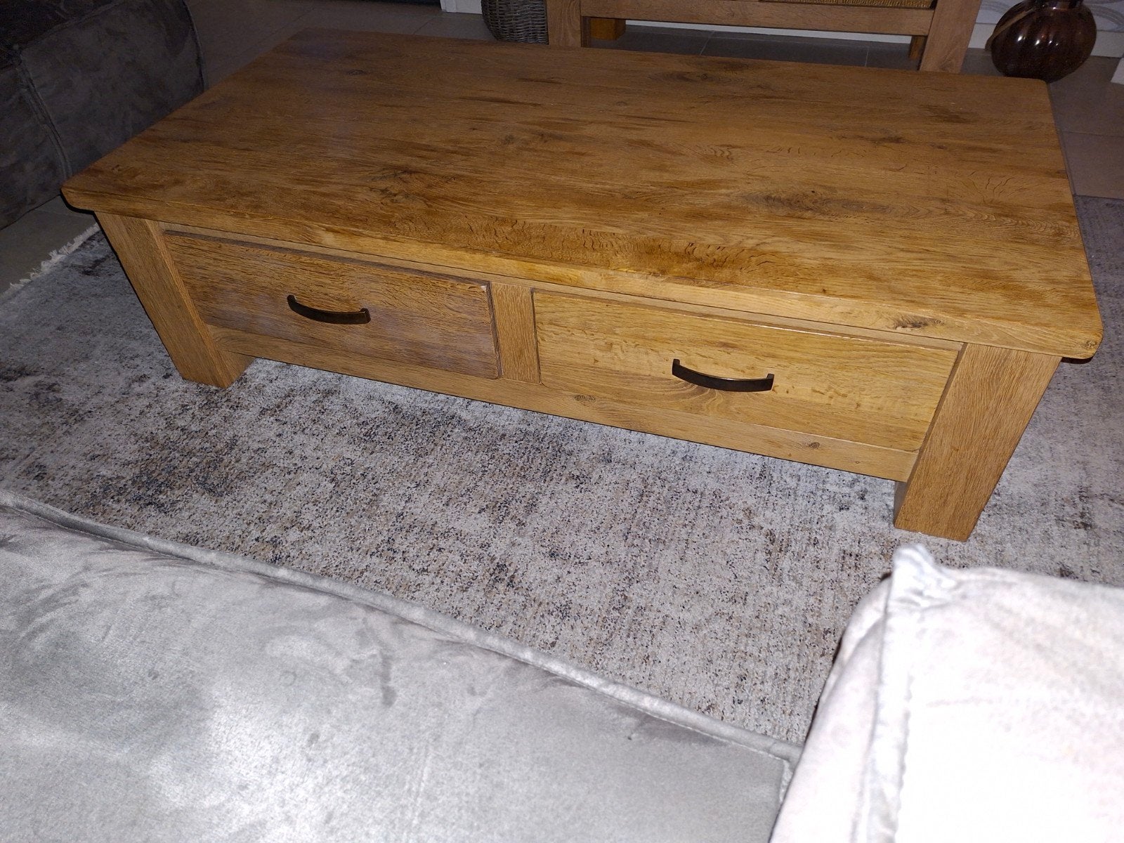 blank eiken salontafel met 2 lades 1.40 x .70 cm. breed., Ophalen, Eikenhout, 50 tot 100 cm, Minder dan 100 cm