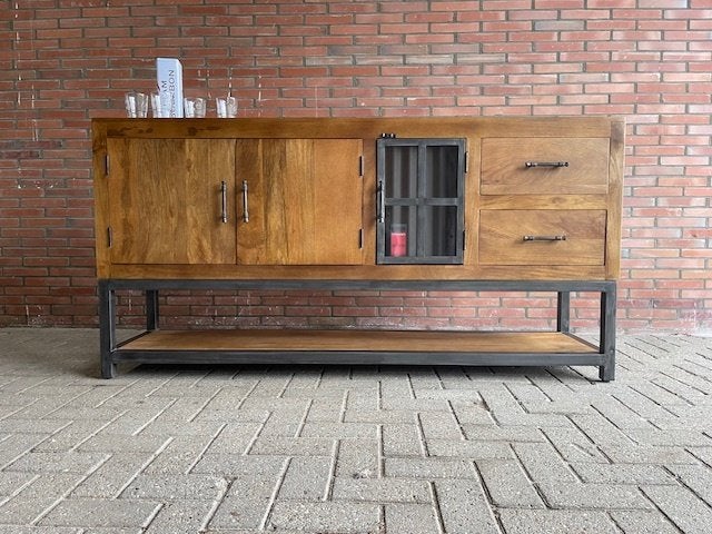 dressoir 180 cm breed mangohout.2 laden 2 deurs 1glas actie, Huis en Inrichting, Glas, 150 tot 200 cm, Nieuw, Ophalen of Verzenden