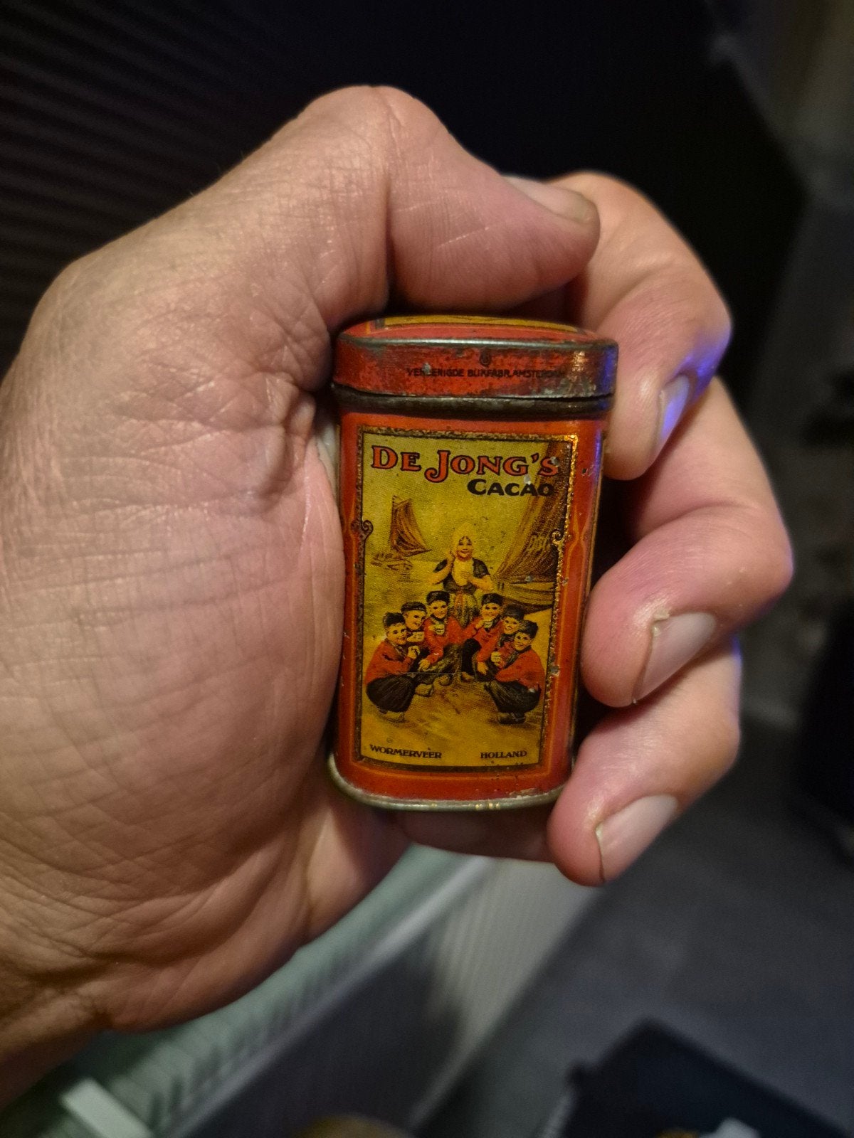 Antiek blik  monsterblikje de jong cacao zaandam verzamelen, Verzamelen, Ophalen of Verzenden, Gebruikt, Overige