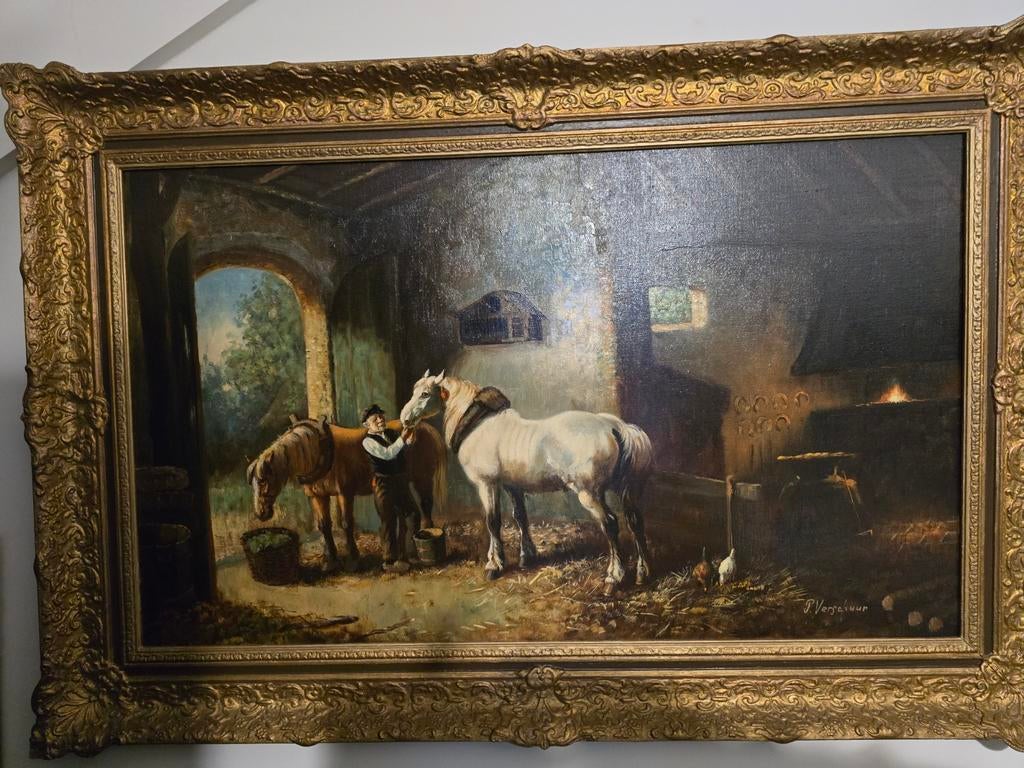 Oud schilderij: Boer met paarden in stal, gesigneerd, Ophalen of Verzenden