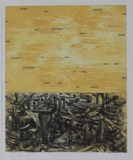 Gijs van Noort (1958) Ets " De verdronken stad " Ges Gen Ged, Ingelijst, Mythologie, Ophalen of Verzenden, 50 cm
