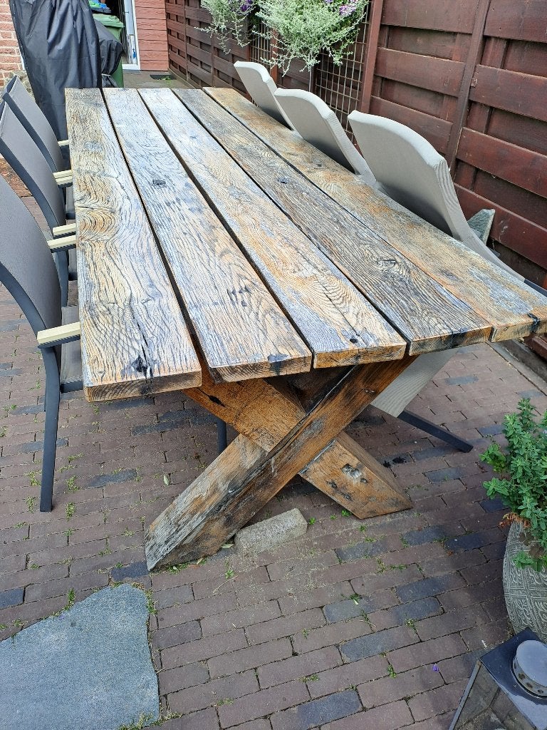 Tuintafel massief eiken, Tuin en Terras, Tuintafels, Ophalen, Gebruikt, Rechthoekig, Hout