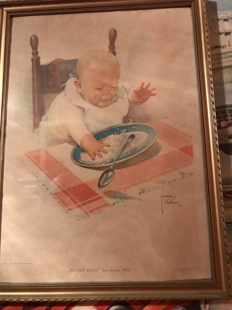 Schilderij netjes eten in oude lijst., Ophalen