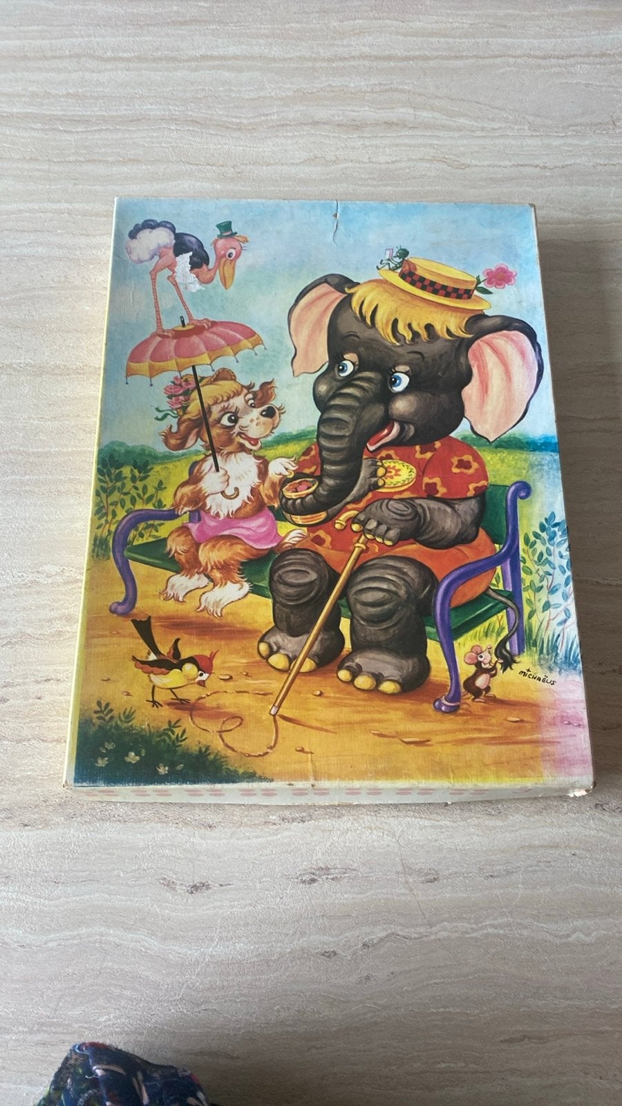 Vintage Tom Tas Houten Kinderpuzzel - Olifant en Boer, 2 tot 4 jaar, Gebruikt, 10 tot 50 stukjes, Ophalen of Verzenden