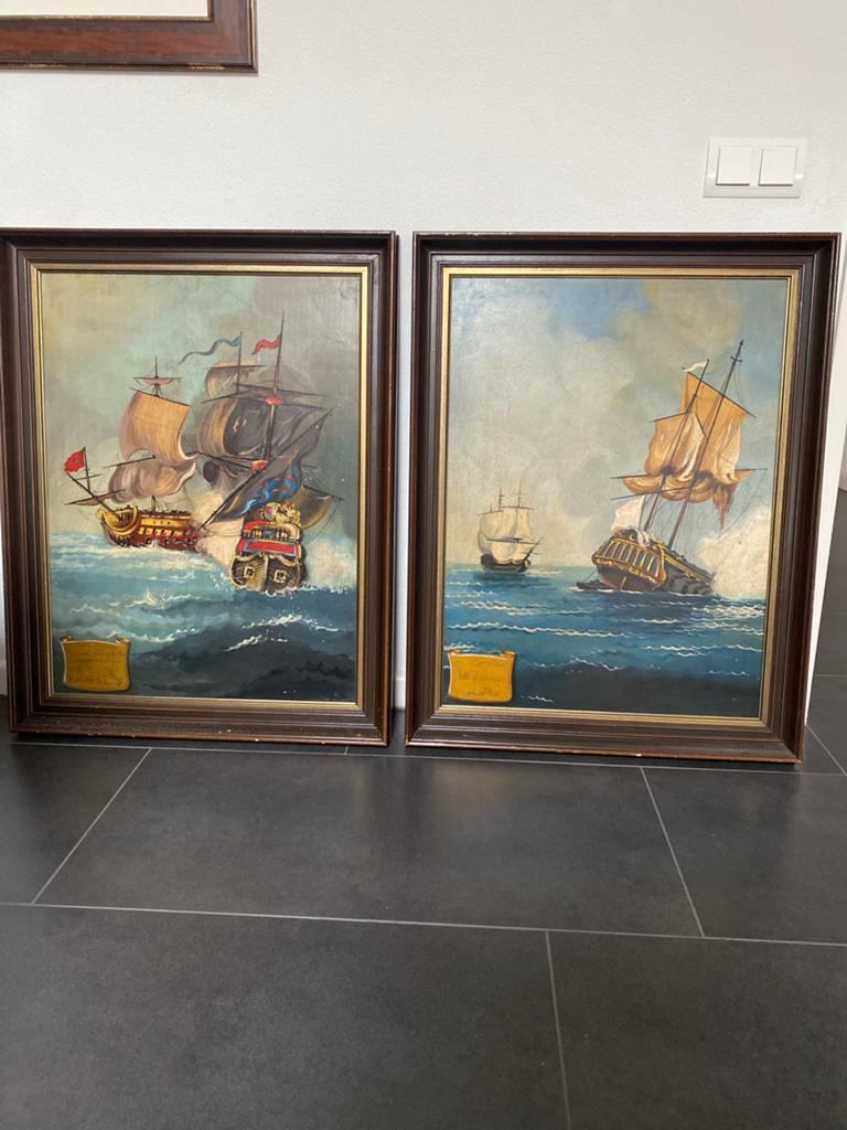Set vintage scheepsschilderijen op houten paneel 93x70 cm, Antiek en Kunst, Ophalen of Verzenden