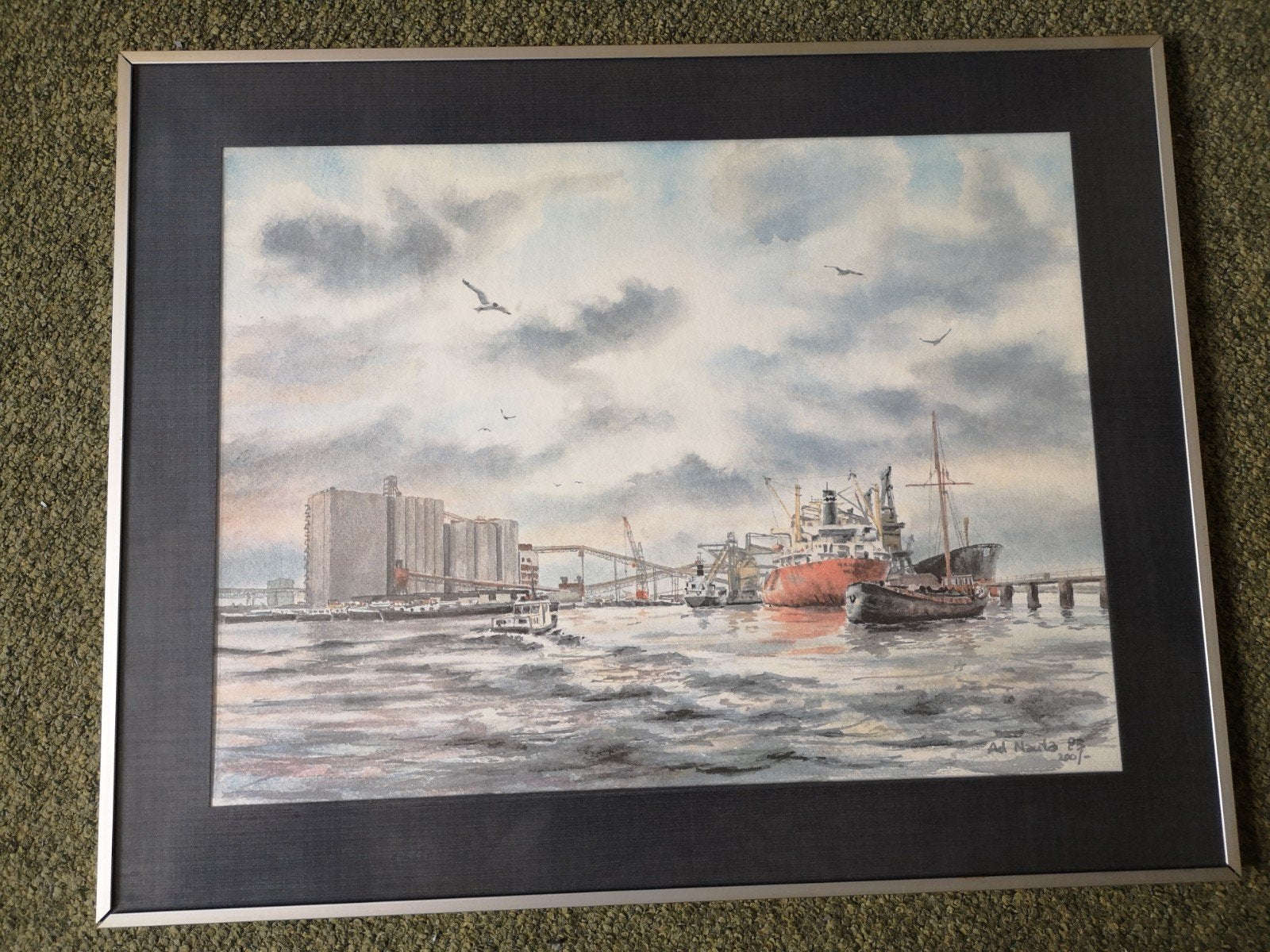 Maritiem Aquarel (repro) : Havenzicht met Schepen en Silo's, Ophalen, Maritiem / water, Realistisch, Ingelijst