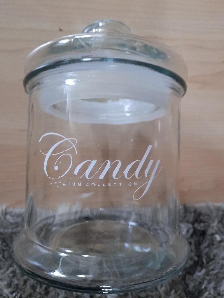 GLAZEN POT MET DEKSEL EN TEKST CANDY, Ophalen of Verzenden, Zo goed als nieuw