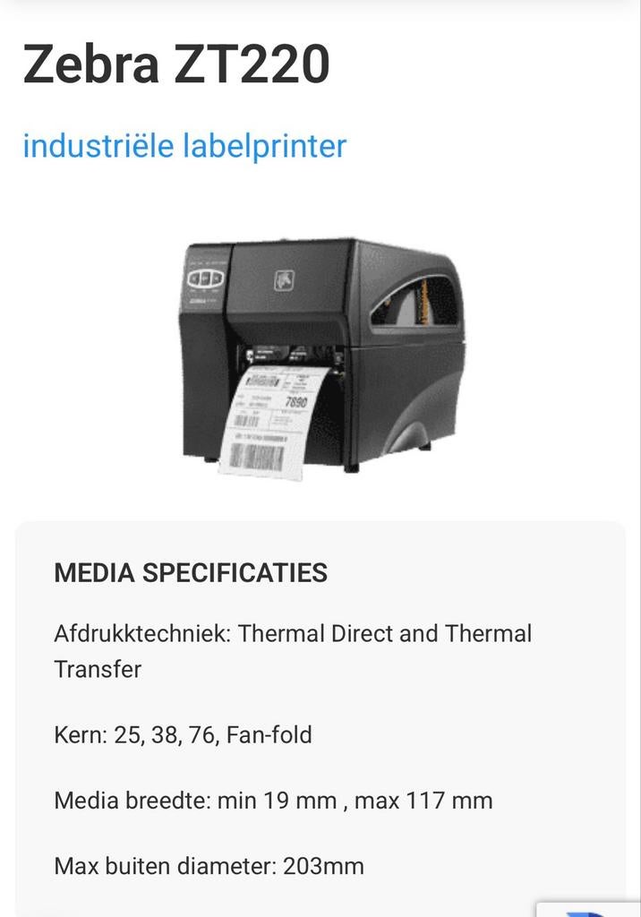 Zebra ZT220 Industriële Labelprinter - Thermal Direct/Transf, Computers en Software, Labelprinters, Ophalen, Gebruikt, Qwerty