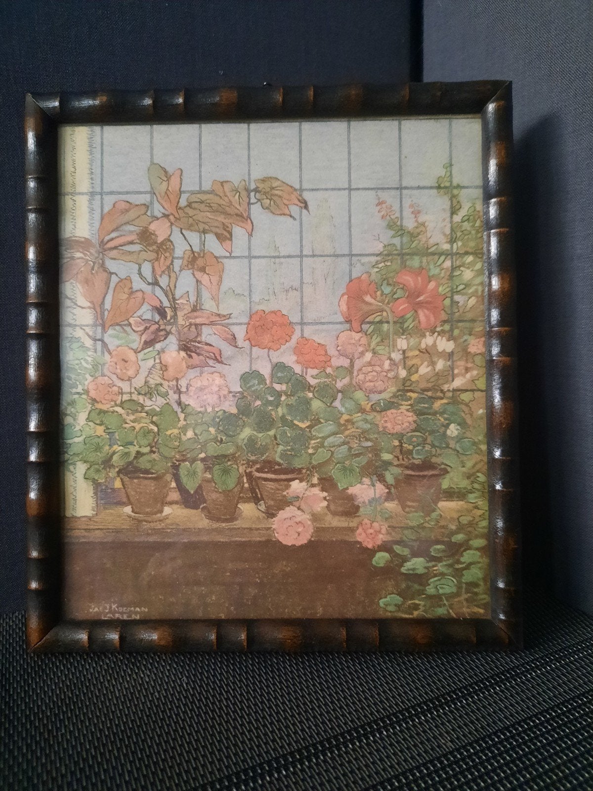 Vintage print van bloemen in potten, ingelijst, Ophalen