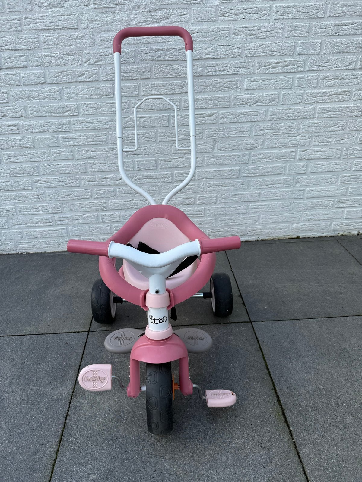 Smoby Driewieler Roze met Duwstang, Ophalen, Gebruikt, Terugtraprem, Duwstang