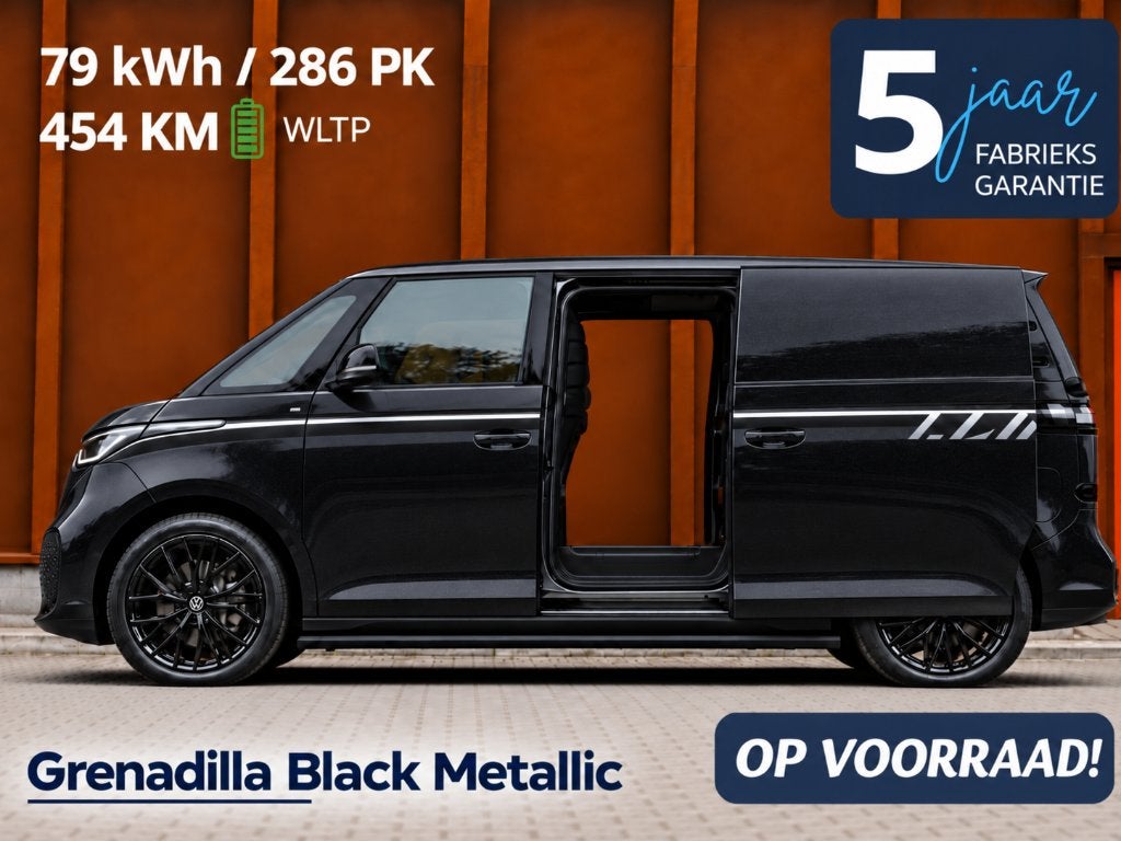 Volkswagen ID. Buzz Cargo 79 kWh Black Edition 286p 2xdeur, Auto's, Achterwielaandrijving, Zwart, Volkswagen, Leder en Stof