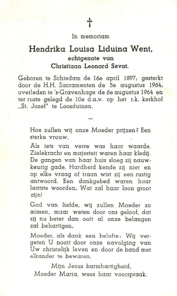 Went Hendrika Louisa L. Schiedam 1897-1964 Loosduinen, Verzamelen, Ophalen of Verzenden
