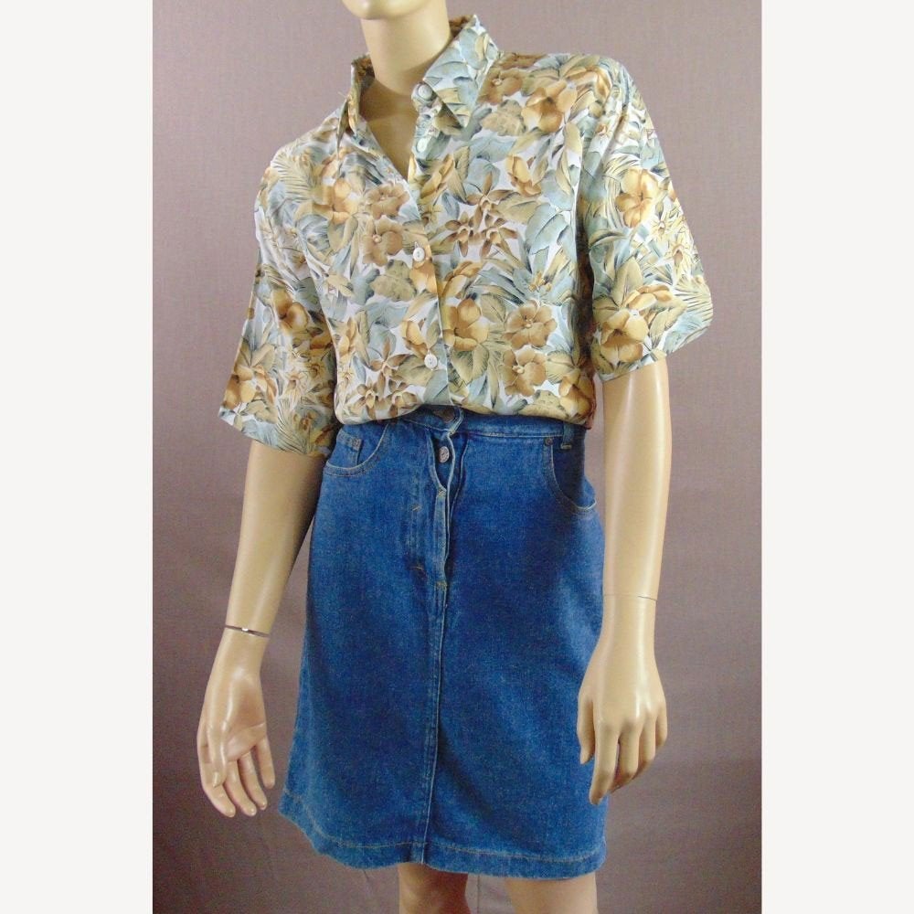Vintage jaren 90 blouse print bloemen en bladeren maat 36, Bruin, Verzenden, Zo goed als nieuw, Vintage