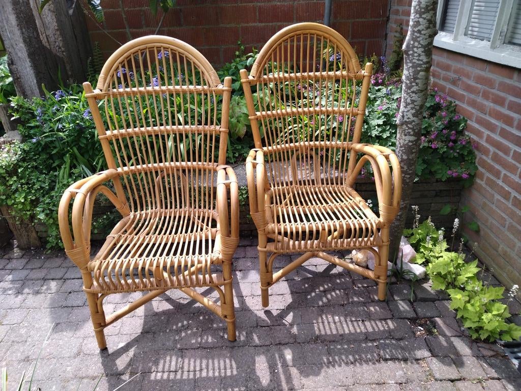 Vintage 70's grote rotan fauteuils, rotan stoel set van 2, Ophalen, Minder dan 75 cm, Riet of Rotan, Vintage Boho Ibiza