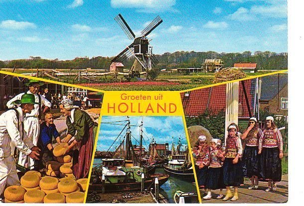 Ansichtkaart	Klederdracht	Boten	Molen	4-luik, Verzenden, 1980 tot heden, Gelopen, Klederdracht
